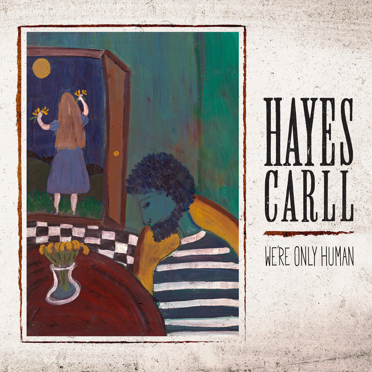 album art hayes carll we're only human illustration of man at table while woman walks out the door